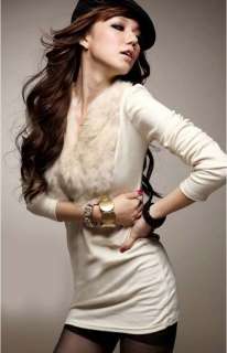   Fashion Korea Faux Fur Rabbit Hair V neck Long Sleeves T Shirt Coat