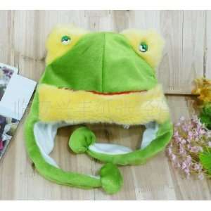  Green Frog Plush Animal Hat with Poms & Ear Flaps 