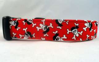 Smiling Pirate Skull and Crossbones Red Dog Collar  