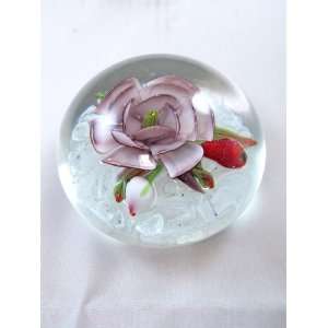   Glass Art Purple/White Flower in the Snow Paperweight