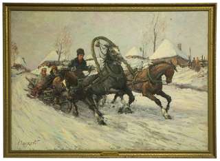 SWC Large Russian Oil Painting Horses & Sleigh, Lazarev  