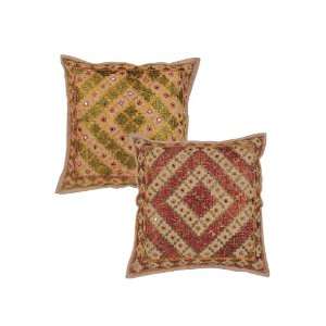  2 Pcs Cotton Handmade Mirror & Embroidery Ethnic Pillow 