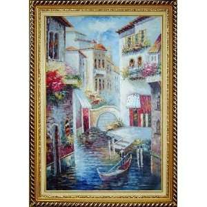 Venice Water Canal Scene Oil Painting, with Linen Liner Gold Wood 