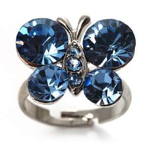  Small Sky Blue Crystal Butterfly Ring (Black Tone 