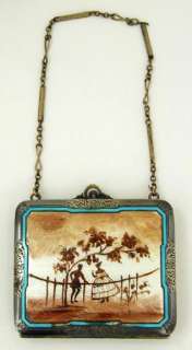 1920s, 30s Guilloche Enamel Silhouette Purse Necessaire w Chain 