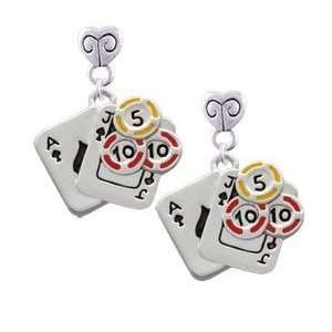  Cards with Poker Chips Mini Heart Charm Earrings [Jewelry 