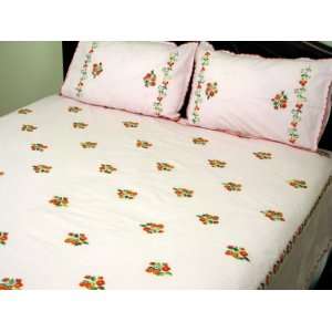  Hand Embroidered Flat Bed Sheet with Orange Strawberry 
