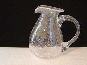 CLEAR CRACKLE GLASS SMALL PITCHER HAND SIGNED ON BOTTOM  