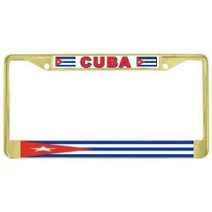  Cuba Cuban Flag Gold Tone Metal License Plate Frame Holder 
