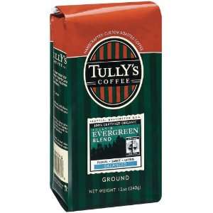 Tullys Coffee Certified Organic Evergreen Blend GROUND, 12 Ounce Bag