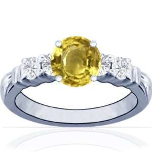  14K White Gold Round Cut Yellow Sapphire Ring With 