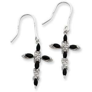  Sterling Silver Black & Clear CZ Cross Earrings Jewelry