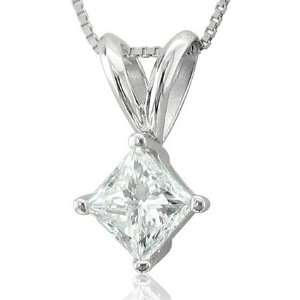 14k White Gold Princess Cut Solitaire Diamond Pendant Necklace (HI, I2 