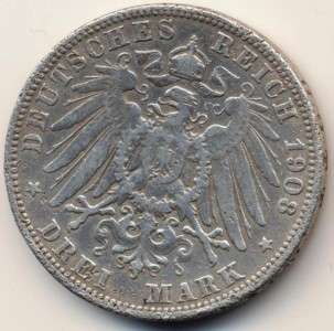 GERMAN STATES BADEN 3 MARK 1908 G SILVER   FRIEDRICH II  
