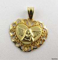 GUARDIAN ANGEL PENDANT   Solid 14k Yellow Gold Cherub Heart Charm 