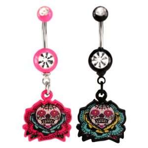 Clear Jeweled Pink Danlging Day of the Dead with Flower Design Belly 