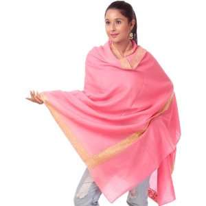 Salmon Rose Tusha Shawl with Densely Hand Embroidered Border   Pure 