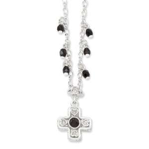    Silver tone, black glass beaded 16 cross necklace Jewelry