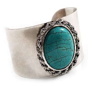  Vintage Wide Turquoise Oval Cuff Bangle (Antique Silver) Jewelry