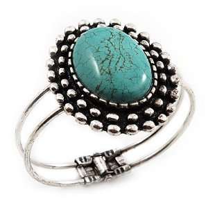    Vintage Oval Shape Turquoise Hinged Bangle Bracelet Jewelry