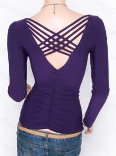  Sexy Draped Cowl Neck Beads Cross Straps Back Blouse Top 