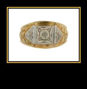 Mans 14K Solid Yellow Gold Diamond Nugget Dinner Ring  