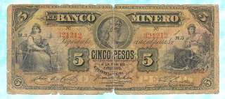 MEXICO El Banco Minero 5 Pesos 1909 S163Ag? Rare  