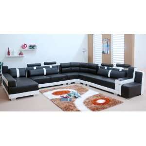 Downtown Contemporary Full Leather Sectional Sofa   Black / White 