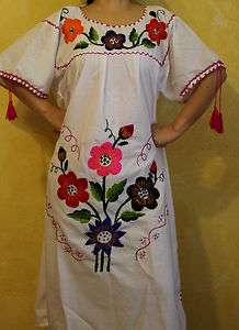 White Peasant Michoacan Tunic Hand Embroidered Mexican Dress Small 