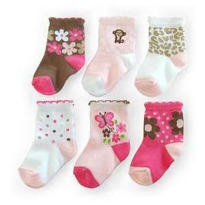   Girls 6 Pack Socks Monkey/ Paw Prints/ Flowers/ Butterfly Baby