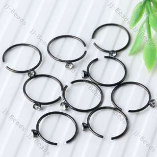 10pc Hoop White Czech Crystal Black Nose Ring Stainless Steel Circle 