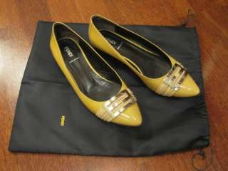   beige mustard patent leather flats with metallic logo 40 9.5  
