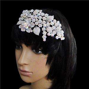 Bridal Flower Head Hair Band Clear AB Swarovski Crystal  