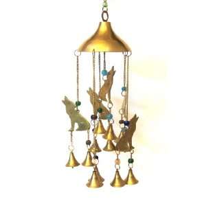  Brass Howling Coyote and Glass Bead Wind Chime Patio 