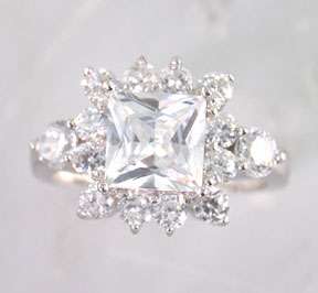 Sterling Silver Square Princess Cut Round CZ Ice Ring  