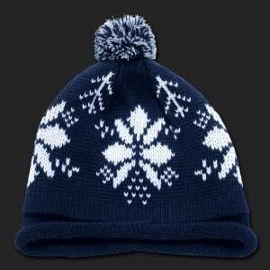 NAVY BLUE SNOWFLAKE DESIGN SHORT ROLL UP BEANIE WITH POM 