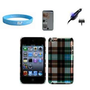 Hard Shell Cover Blue Plaid Case for Apple iPod Touch 4G + Car Charger 