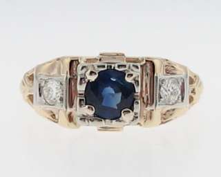 Vintage Estate Natural Blue Sapphire Diamonds Solid 14k Gold Ring 