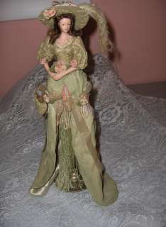Vintage Miniature Porcelain Victorian Lady In Green Doll Stand  