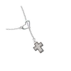  Silver Cross with Beaded Border Heart Lariat Charm Necklace 