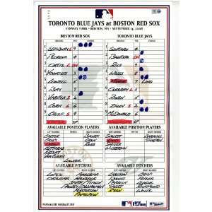  Blue Jays at Red Sox 9 14 2008 Game Used Lineup Card (MLB 