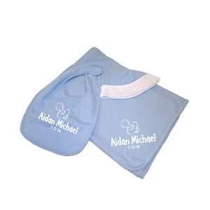 New Baby Boy Pacifier Blue Personalized Blanket and Bib 
