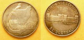 Guatemala Coins 25 Ct 1943(P) BU  