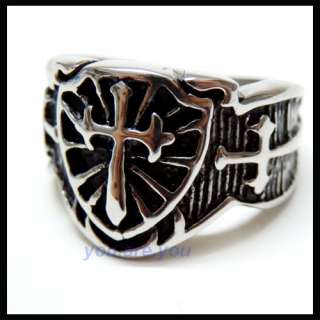 Vintage Sword & Shield Cross Face Mens Stainless Steel Ring Size 8  13 