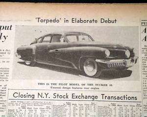   TUCKER TORPEDO SEDAN Automobile 1st DEBUT in Detroit MI Newspaper