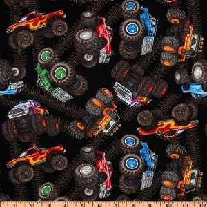  44 Wide Sew Geared Up Tossed Monster Trucks Black Fabric 