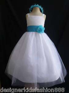 New White Turquoise Flower girl recital dress 2   12  
