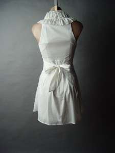 White Ruffle Mock High Neck Retro Ladylike Tie Waist Pleated Skirt Vtg 