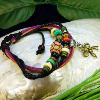 Bowknot Tibetan Silver Wood Beads Cord Leather Bracelet  