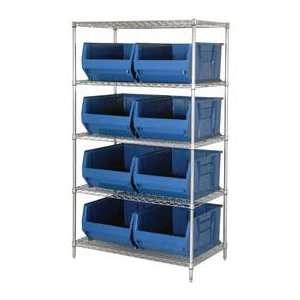   Chrome Wire Shelving With 8 36D Hopper Bins Blue